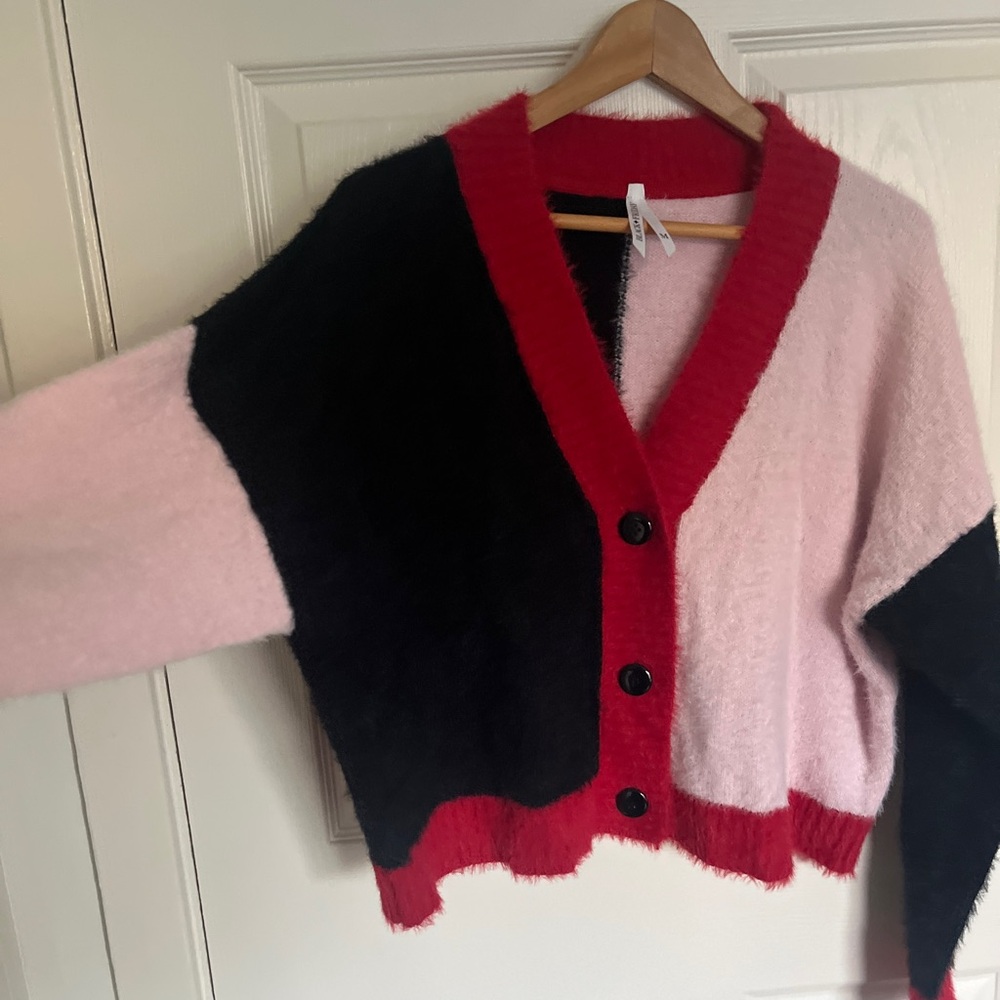 Fuzzy Colorblock V-Neck Cardigan - Pink, Black & Red Trim